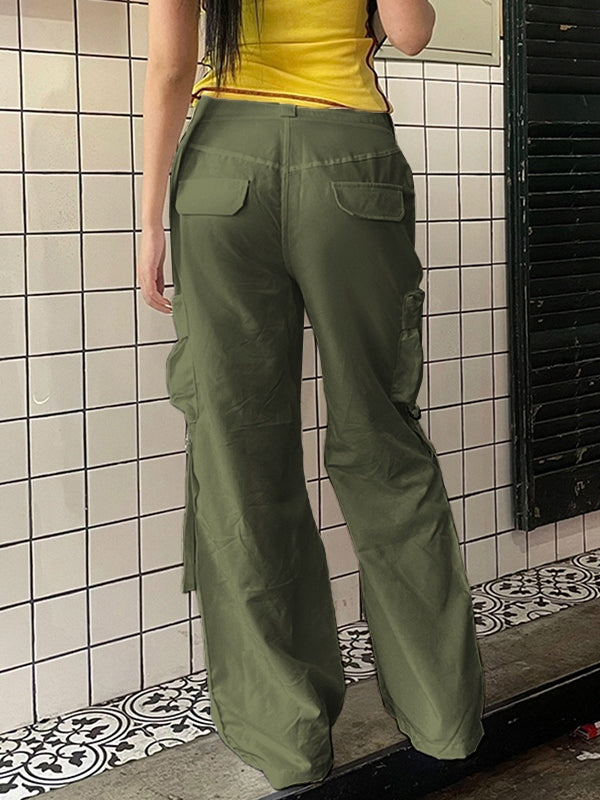 Green Hip Pop Low Rise Cargo Pants with Side Zipper