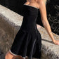 Black Vintage Velvet Splice Pleated Bandeau Mini Dress