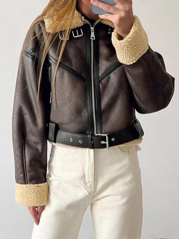 Classic brown leather jacket with lambswool lining and leather splice in short cut 