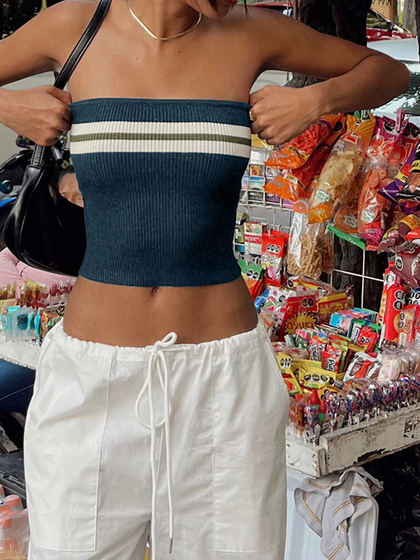 Vintage Dark Blue Knit Striped Bandeau Crop Top