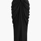 V Neck Gathered Top &amp; V Shaped Waist Cut Maxi Skirt Set