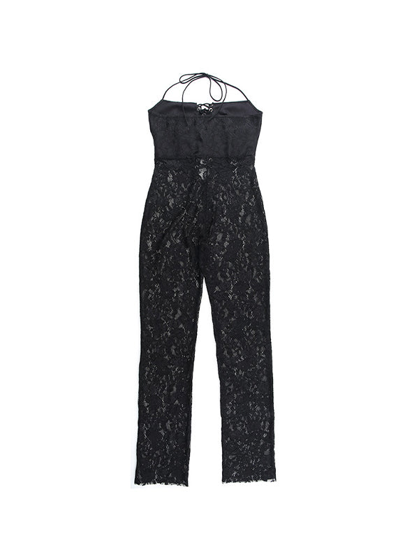 Vintage Lace Corset Eyelet Jumpsuit with Tie