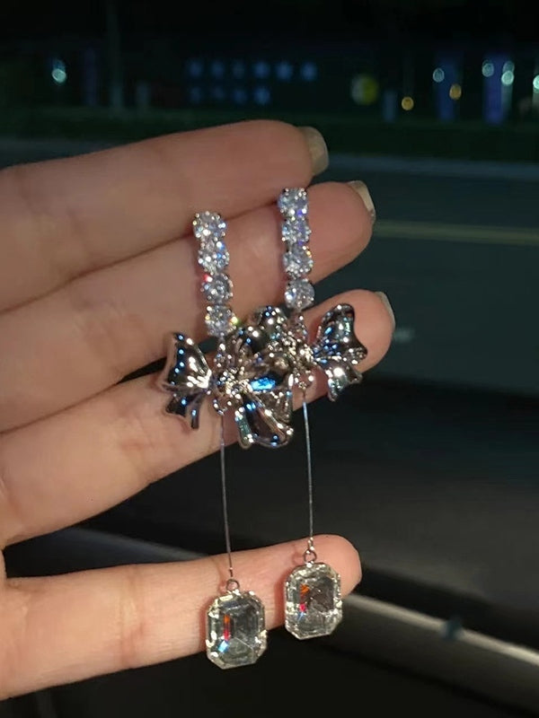 Y2K zircon pendant earrings with bow