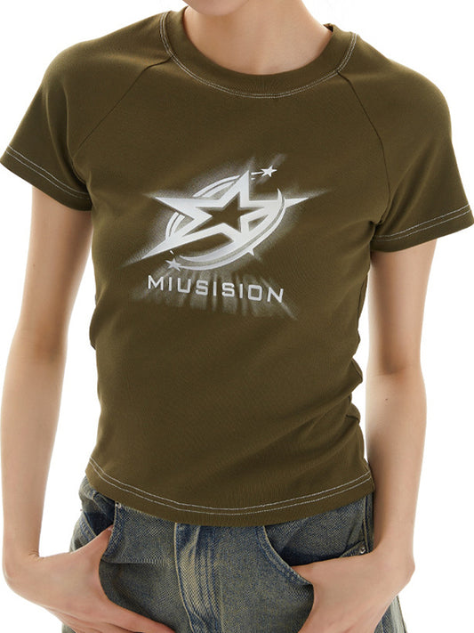 Green Y2K star print short sleeve t-shirt