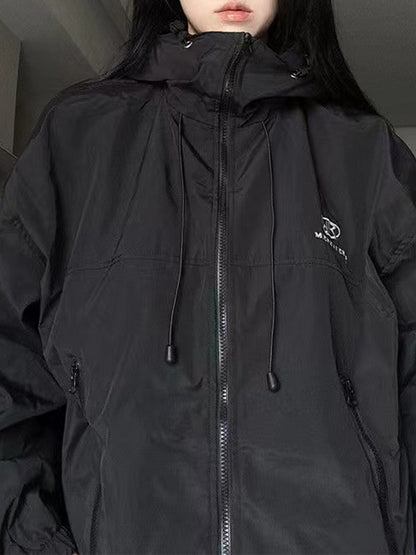 Retro Black Waterproof Oversize Outdoor Jacket with Hood