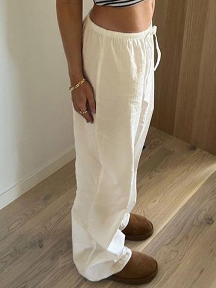 White Classic Drawstring Straight Pants