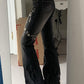 Black vintage slim fit flared jeans with floral embroidery