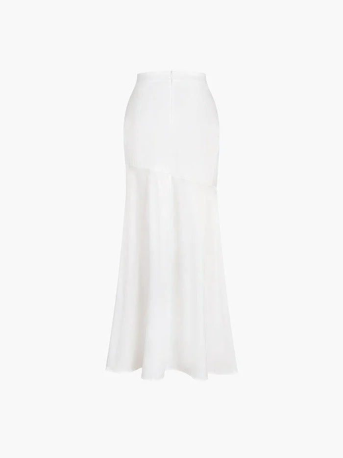 White French Satin Patchwork Slit Maxi Skirt