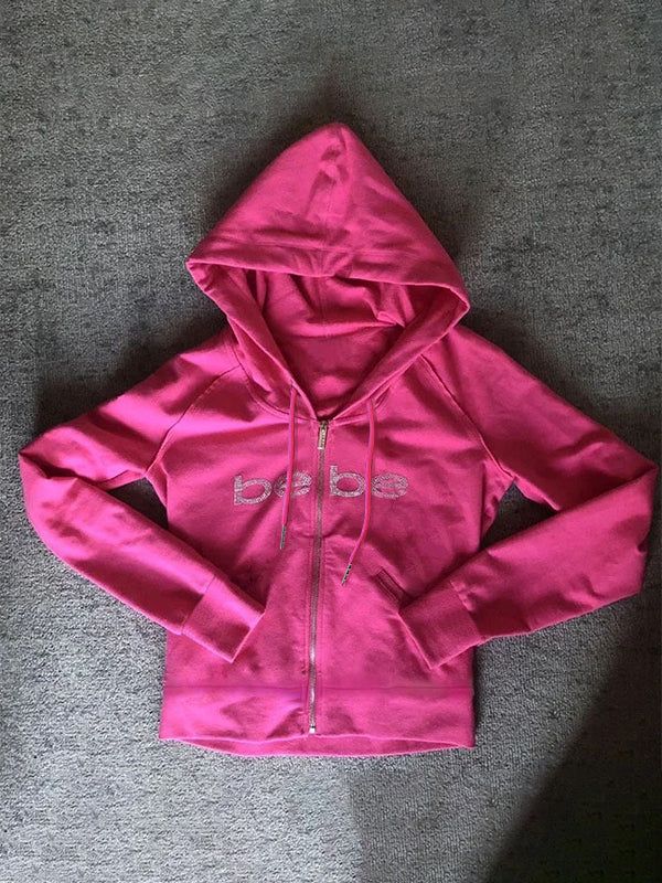 2000s Barbie Pink Hoodie with Letter Rhinestone Print and Zipper in Oversized Style