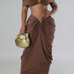 V Neck Gathered Top &amp; V Shaped Waist Cut Maxi Skirt Set