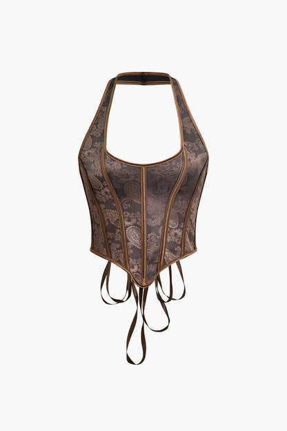 Jacquard Eyelet Tie Up Halter Corset Top