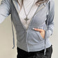 Grey Vintage Ribbed Zipper Drawstring Long Sleeve Hoodie