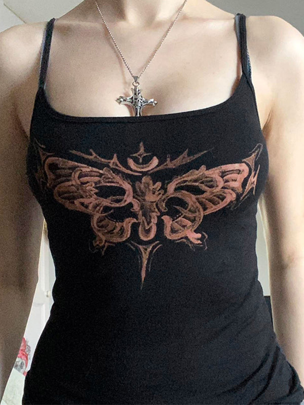 Black Y2K Butterfly Print Slim Fit Cami Top