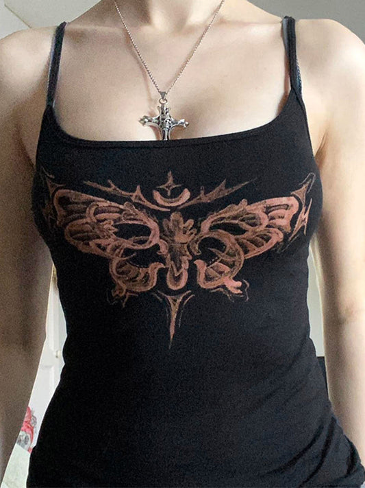 Black Y2K Butterfly Print Slim Fit Cami Top