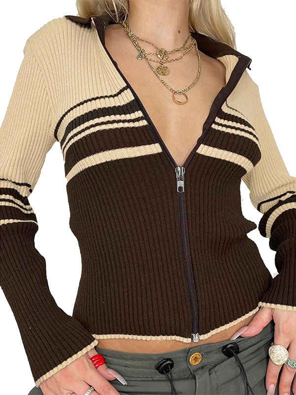 Brown Vintage Striped Patchwork Lapel Cardigan