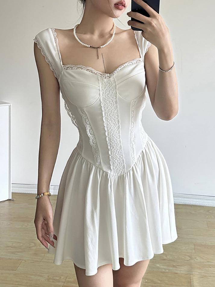 White French A-Line Corset Dress with Lace