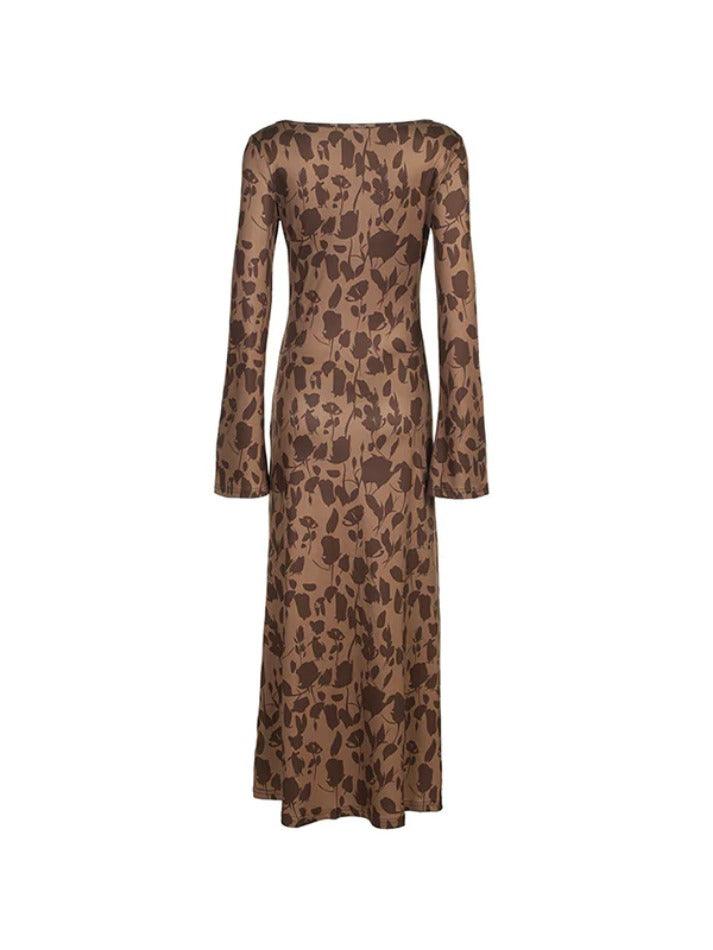 Brown Classic Print Maxi Dress with Trumpet Sleeves