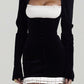 Contrast colored vintage velvet mini dress with quadra neckline puff sleeves