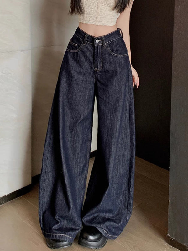 Blaue Vintage Gewaschene Jeans mit Weitem Bein