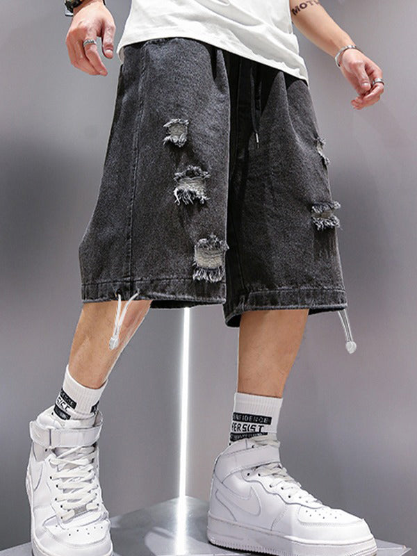 Black hip hop washed skate denim shorts in distressed look