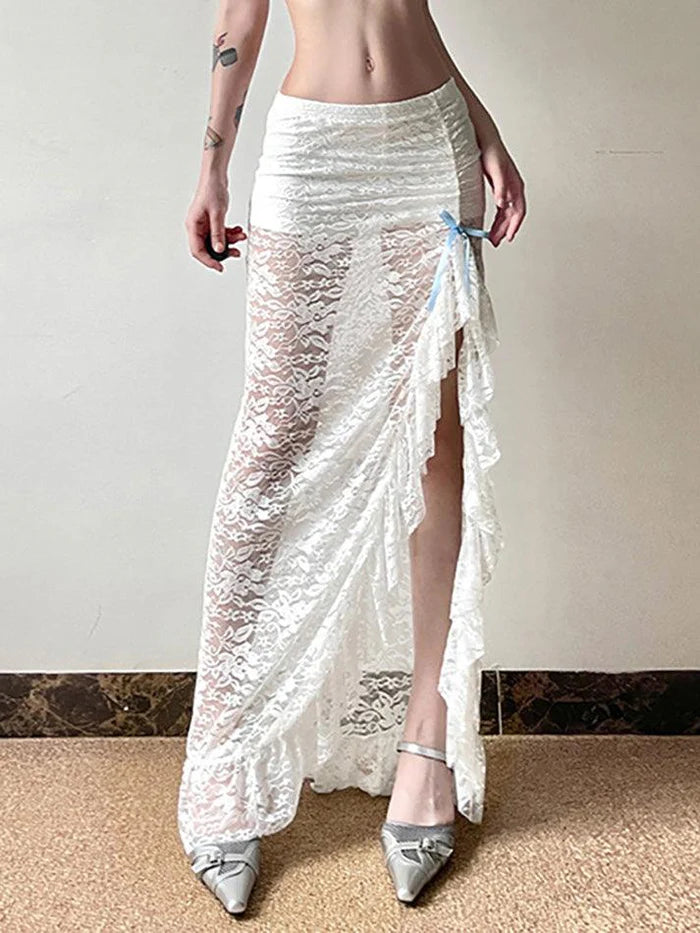 White Vintage Sheer Lace Midi Skirt