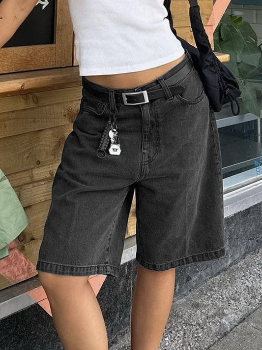 High-rise, straight-leg denim shorts