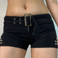 Black punk low rise denim shorts with belt and rivets