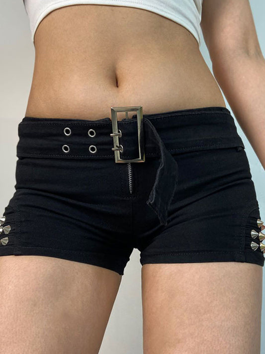 Black punk low rise denim shorts with belt and rivets