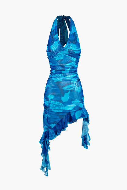 JY Blue Vintage Tie Dye Mesh Ruched Halter Ruffle Backless Mini Dress / Blue Vintage Tie Dye Mesh Ruched Halter Ruffle Backless Mini Dress