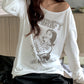 2000s white oversized long sleeve shirt with portrait print