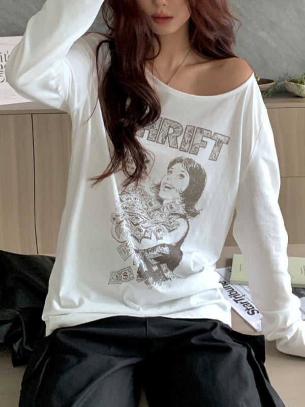 2000s white oversized long sleeve shirt with portrait print