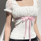 White Y2K Bow Lace Patchwork Bubble Sleeve Top