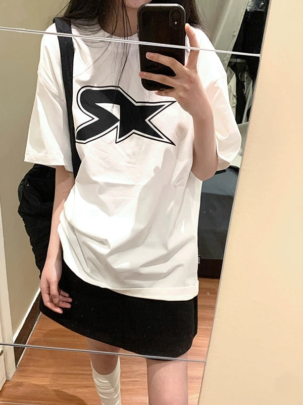 Black Street Oversize T-Shirt with Star Pattern and Short Sleeves