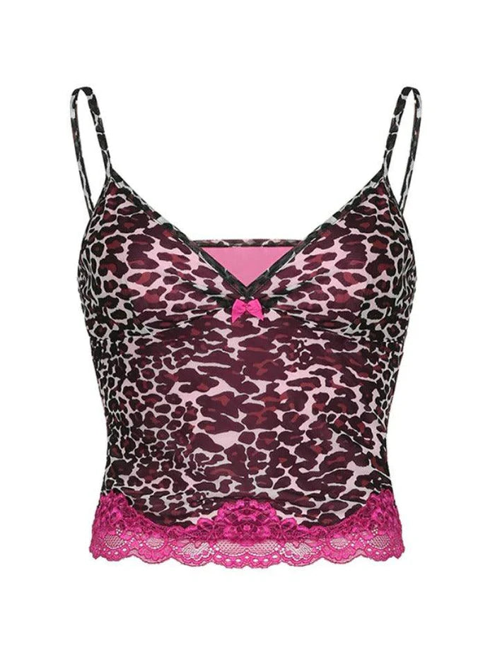 Pink Vintage Leopard Print Lace Trim Cami Top