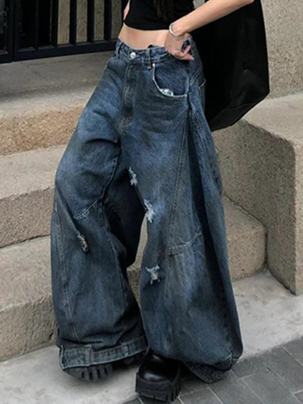 Blue Retro Distressed Wide Leg Boyfriend Jeans