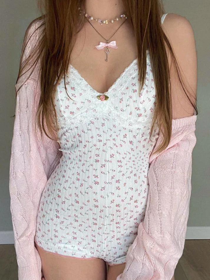 White Sweet Floral Print Lace Trim V-Neck Jumpsuit