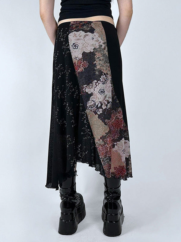 Irregular Vintage Splice Midi Skirt with Random Print