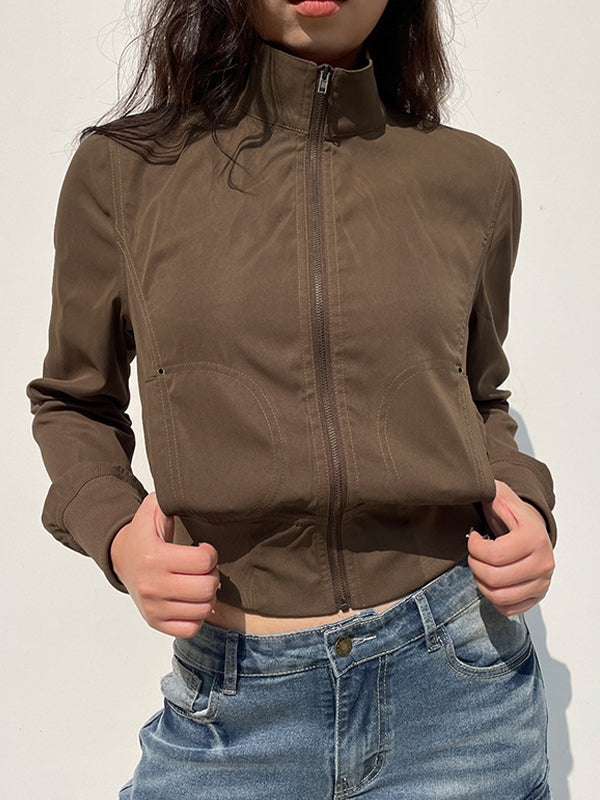 Brown Y2K Zipper High Collar Slimming Jacket