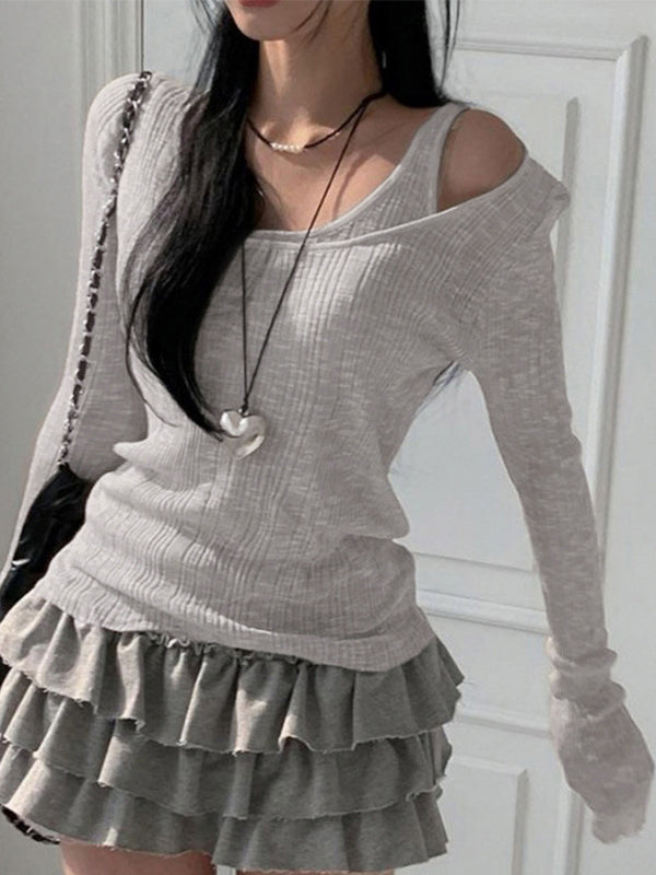 Grey Vintage Rib Two Piece Long Sleeve Knit Top