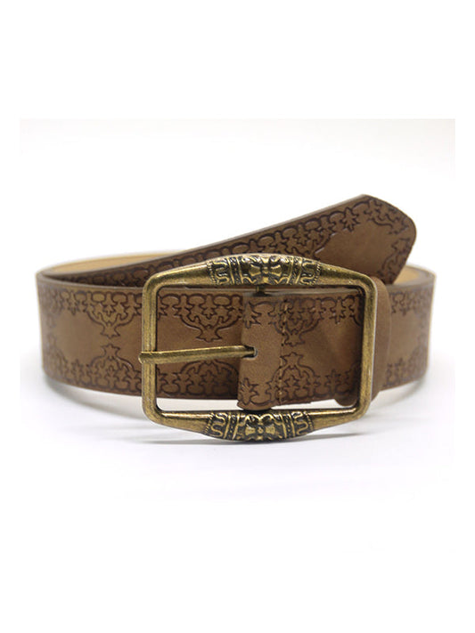 JY Brown Retro Distressed Embossed Ethnic Buckle Belt