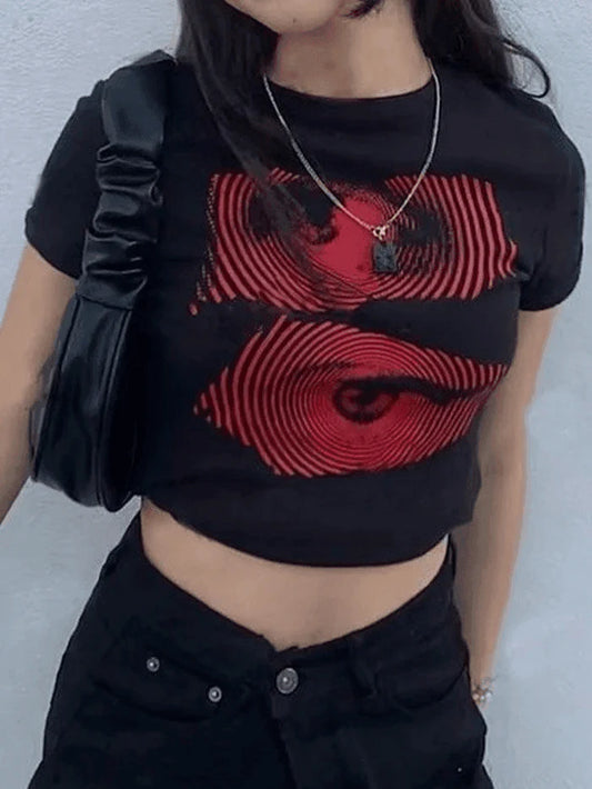 Black Y2K Baby Crop Top with Eye Pattern