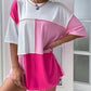 Pink Color Block Oversize Patchwork T-Shirt 