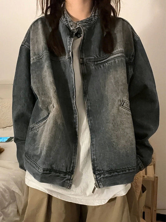 Retro Blue Distressed Zip Up Jacket