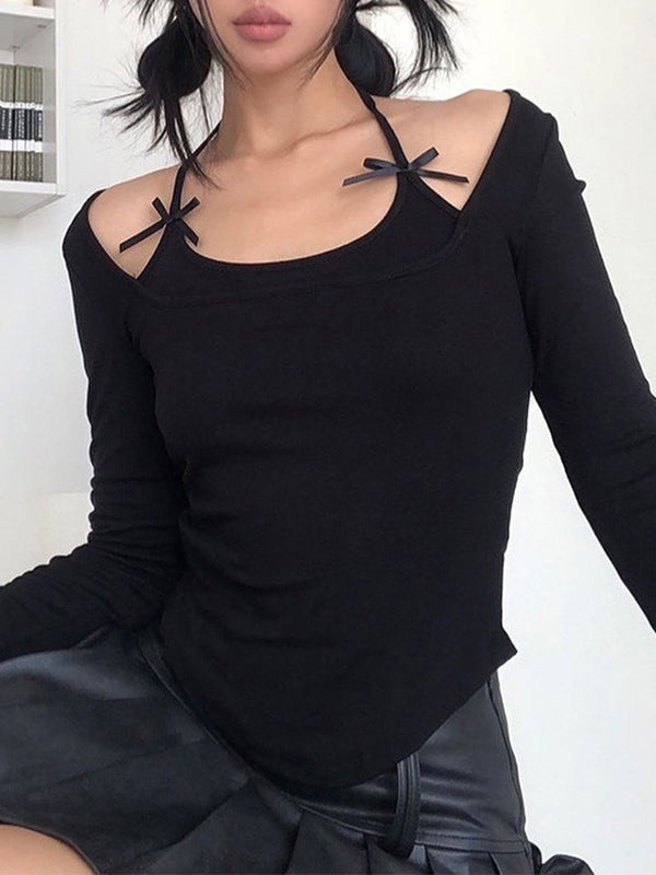 Black vintage halter long sleeve shirt with bow decoration