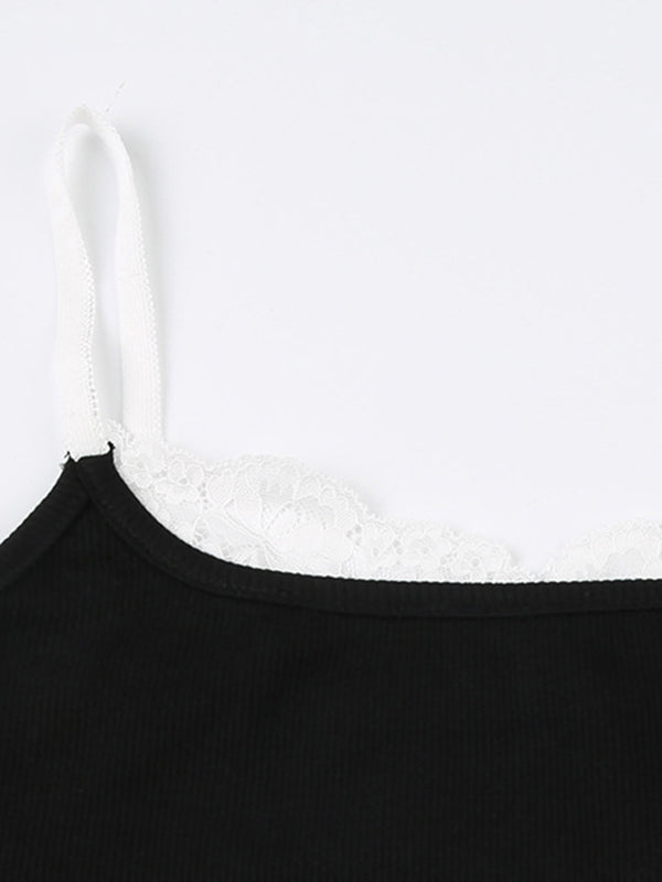 Contrast Black Cami Top with Lace Trim