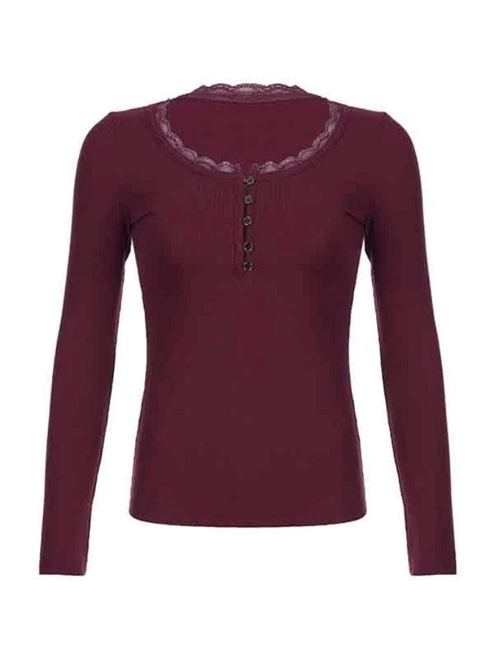 Y2K Red Knit Top with Lace Trim and Long Sleeves 