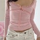 Pink Y2K Lace Up Long Sleeve U Neck Top