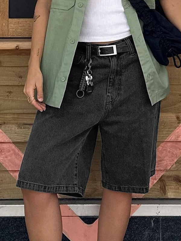 High-rise, straight-leg denim shorts