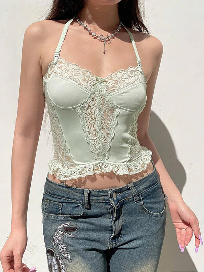 Y2K Halterneck Crop Top with Lace Patchwork