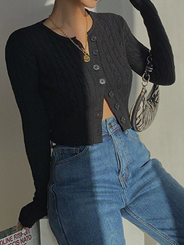 2000s Solid Cropped Cable Knit Cardigan 